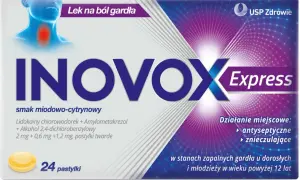 Inovox Express - lek na ból gardła, smak miodowo-cytrynowy. Opakowanie zawiera 24 pastylki twarde. Działanie antyseptyczne i znieczulające.