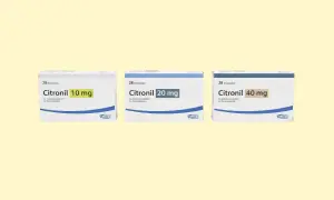 Trzy opakowania leku Citronil: 10 mg, 20 mg i 40 mg, każdy po 28 tabletek.