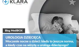 Chłopiec śpi z misiem, a tekst informuje o moczeniu nocnym u dzieci, czyli nykturii, i kiedy warto skonsultować się z urologiem.