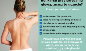 Kobieta masuje kark, odczuwając ból. Przyczyną może być przewianie, zła poduszka, dyskopatia, stres lub siedzący tryb życia.