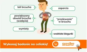 Ilustracja mężczyzny z bólem brzucha, otoczonego dymkami z objawami celiakii.