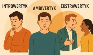 Trzy postacie: zamyślony introwertyk, uśmiechnięty **ambiwertyk** i rozmawiający ekstrawertyk z kobietą.