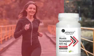 Kobieta w stroju sportowym biegnie, obok butelka suplementu diety Mumio himalajskie 400 mg.