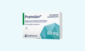 Opakowanie leku Pramolan, zawierające 20 tabletek powlekanych po 50 mg. Sympramol to nazwa handlowa tego leku.