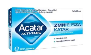 Opakowanie leku Acatar ACTI-TABS, który zmniejsza katar. To antagonista objawów przeziębienia, przywracający komfort oddychania.