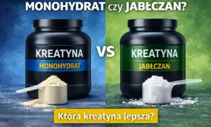 Dwa słoiki kreatyny: monohydrat (niebieski) i jabłczan (zielony), z miarkami proszku.