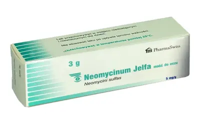 Maść do oczu Neomycinum Jelfa 3g, zawiera neomycyny sulfas. Przechowywać w miejscu niedostępnym dla dzieci.