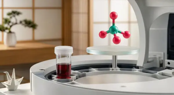 Model cząsteczki z zielonym atomem centralnym i czerwonymi atomami, obok probówki z czerwonym płynem. Może to symbolizować badania nad związkiem zawierającym fosfor.