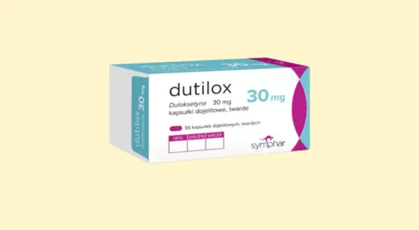 Opakowanie leku Dutilox 30 mg, zawierającego duloksetynę. Pudełko informuje o 56 kapsułkach dojelitowych.