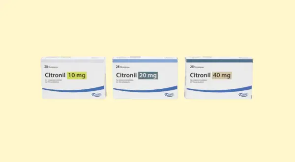 Trzy opakowania leku Citronil: 10 mg, 20 mg i 40 mg, każdy po 28 tabletek.