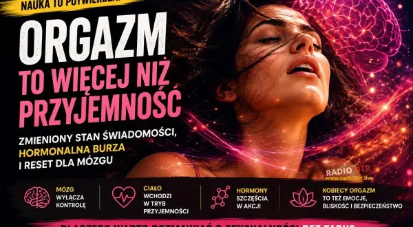 Kobieta z zamkniętymi oczami i stylizowany mózg, otoczeni neonowymi światłami.