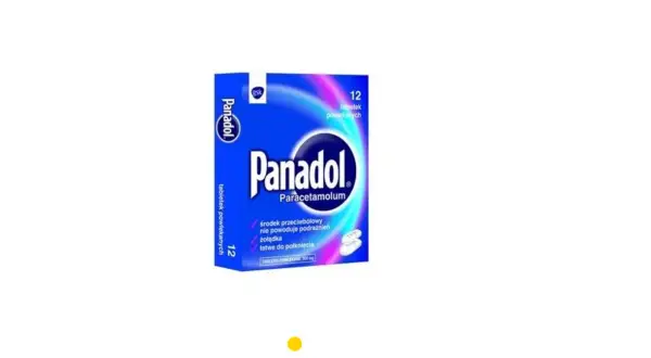 Opakowanie leku Panadol z 12 tabletkami powlekanymi, zawierające paracetamol. Szybko łagodzi ból i nie podrażnia żołądka.