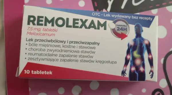 Opakowanie leku REMOLEXAM, 7,5 mg, z meloksykamem, na bóle stawów i mięśni. 10 tabletek.