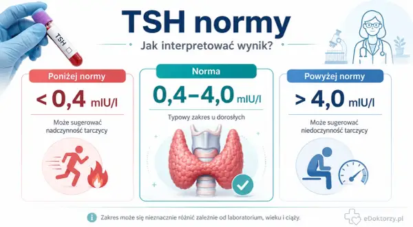 Grafika przedstawia normy TSH: poniżej, w normie i powyżej. Pokazuje probówkę z TSH, tarczycę i ikony symbolizujące nadczynność i niedoczynność.