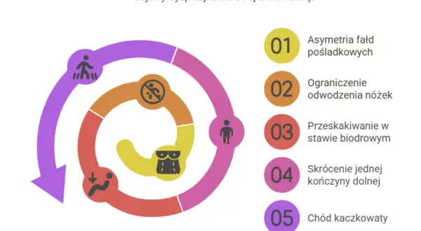 Grafika przedstawia objawy dysplazji biodrowej u niemowląt: asymetrię fałd, ograniczenie odwodzenia, przeskakiwanie w stawie, skrócenie kończyny i chód kaczkowaty.