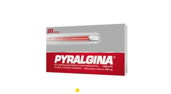 Opakowanie Pyralginy 20 tabletek. Lek na ból o dużym nasileniu, przeciwgorączkowy.