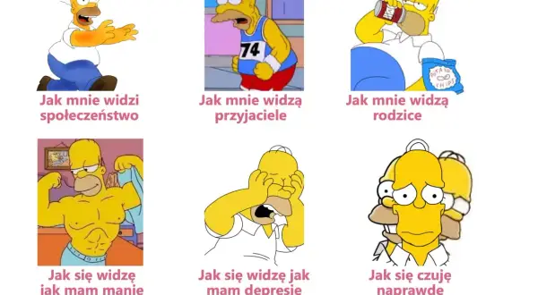 Homer Simpson w różnych sytuacjach, ilustrujących choroba dwubiegunowa objawy: od euforii po głęboki smutek.