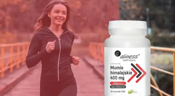 Kobieta w stroju sportowym biegnie, obok butelka suplementu diety Mumio himalajskie 400 mg.