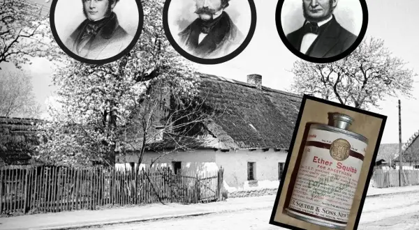 Trzy portrety mężczyzn i puszka eteru Squibb na tle wiejskiego domu.