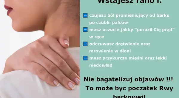 Kobieta trzymająca się za obolały bark i szyję.