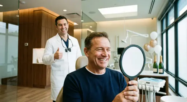 Uśmiechnięty pacjent ogląda swoje zęby w lusterku, dentysta w białym fartuchu pokazuje kciuk w górę.