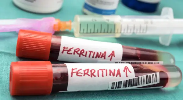 Dwie probówki z krwią oznaczone "Ferritina ↑" i strzykawka. Wyniki badań sugerują potrzebę podniesienia ferrytyny.