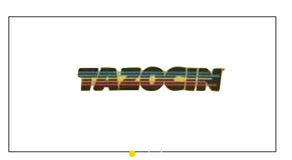 Napis tazocin w stylu retro, z kolorowymi pasami wewnątrz liter.