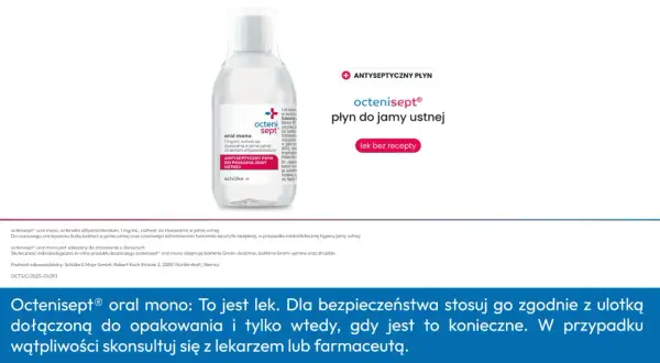 Butelka płynu **oktaseptal** do płukania jamy ustnej. Produkt leczniczy bez recepty.