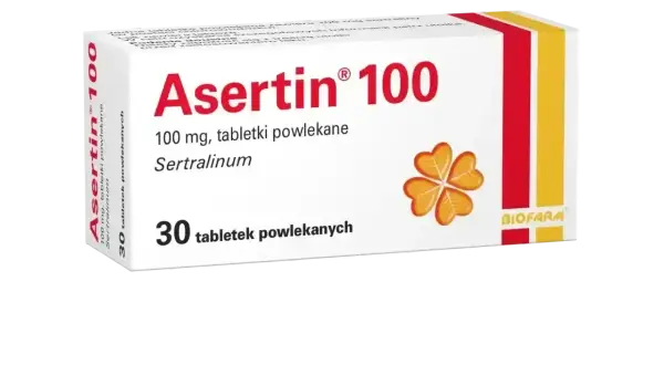 Opakowanie leku Asertin 100, zawierającego sertralinę. 30 tabletek powlekanych.