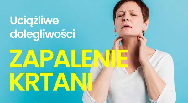 Kobieta z bólem gardła, cierpi na zapalenie krtani. Uciążliwe dolegliwości.