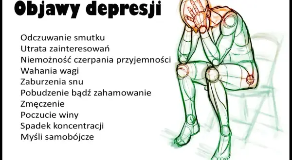 Depresja: niemożność czerpania przyjemności (anhedonia), smutek, utrata zainteresowań, zmęczenie, problemy ze snem i koncentracją.