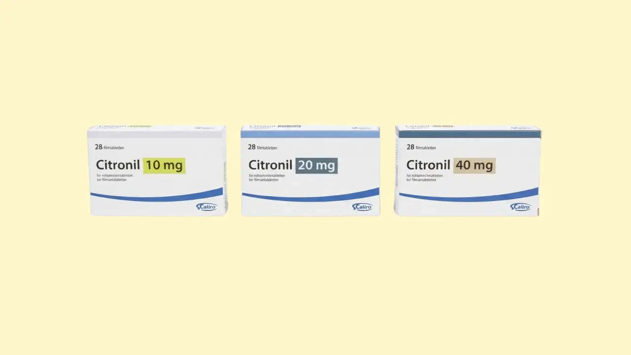 Trzy opakowania leku Citronil: 10 mg, 20 mg i 40 mg, każdy po 28 tabletek.