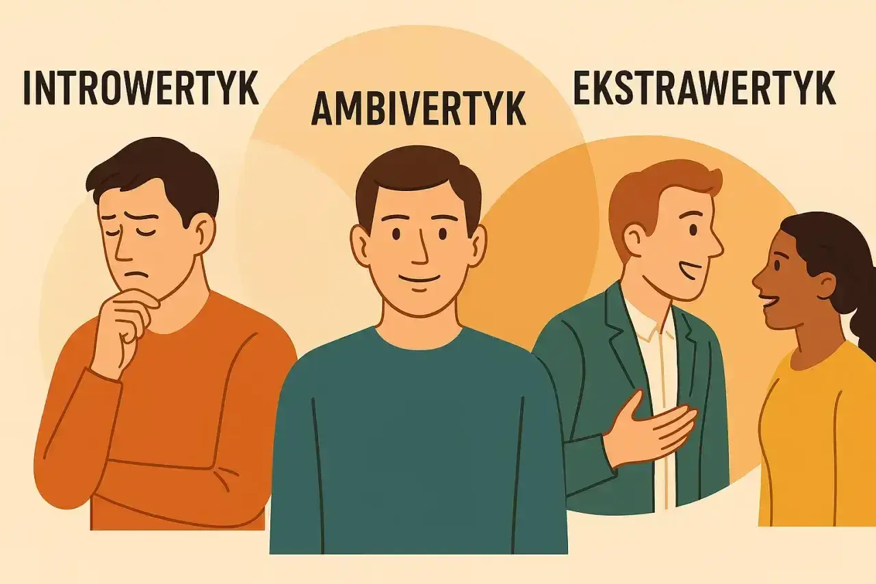 Trzy postacie: zamyślony introwertyk, uśmiechnięty **ambiwertyk** i rozmawiający ekstrawertyk z kobietą.
