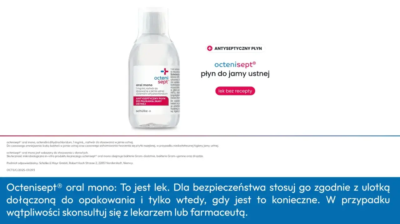Butelka płynu **oktaseptal** do płukania jamy ustnej. Produkt leczniczy bez recepty.