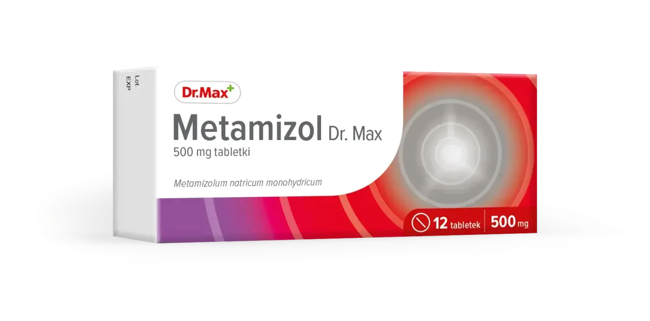 Opakowanie leku Metamizol Dr. Max 500 mg, zawierające 12 tabletek.