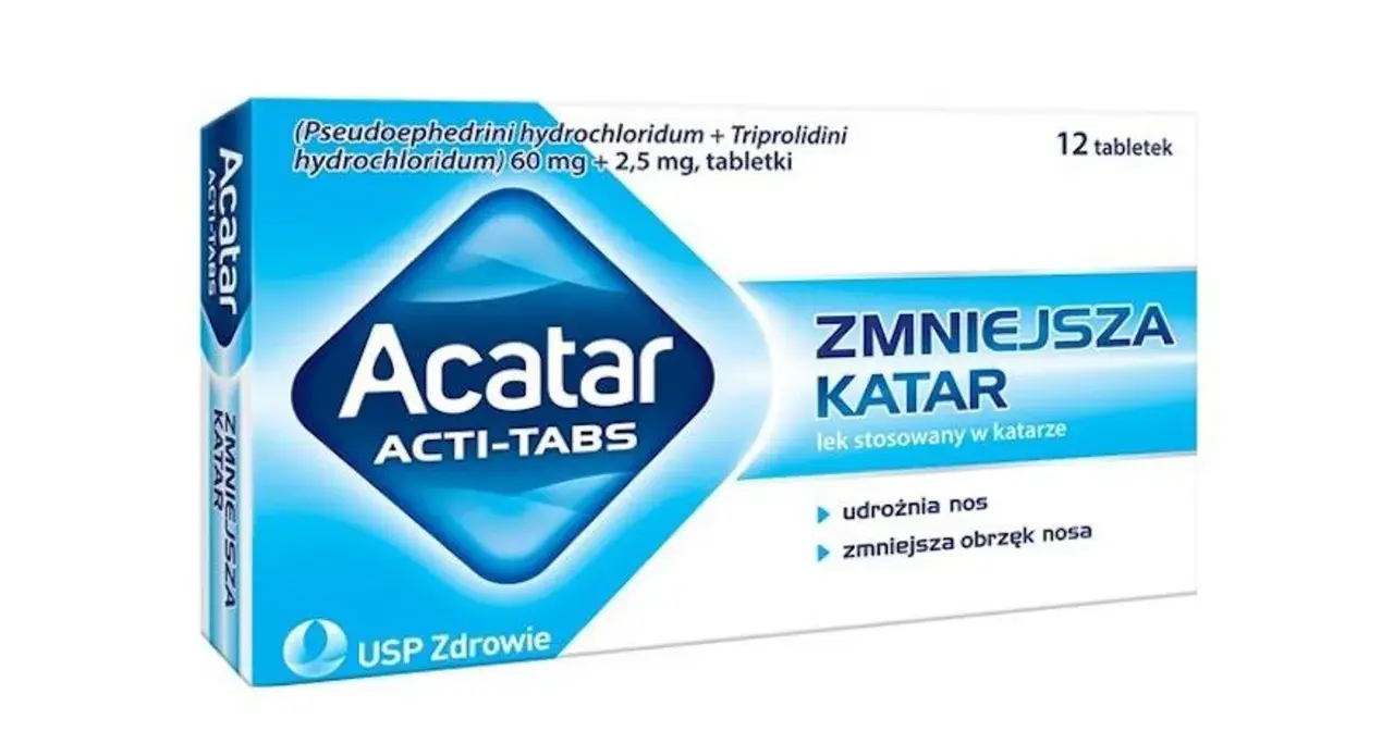 Opakowanie leku Acatar ACTI-TABS, który zmniejsza katar. To antagonista objawów przeziębienia, przywracający komfort oddychania.