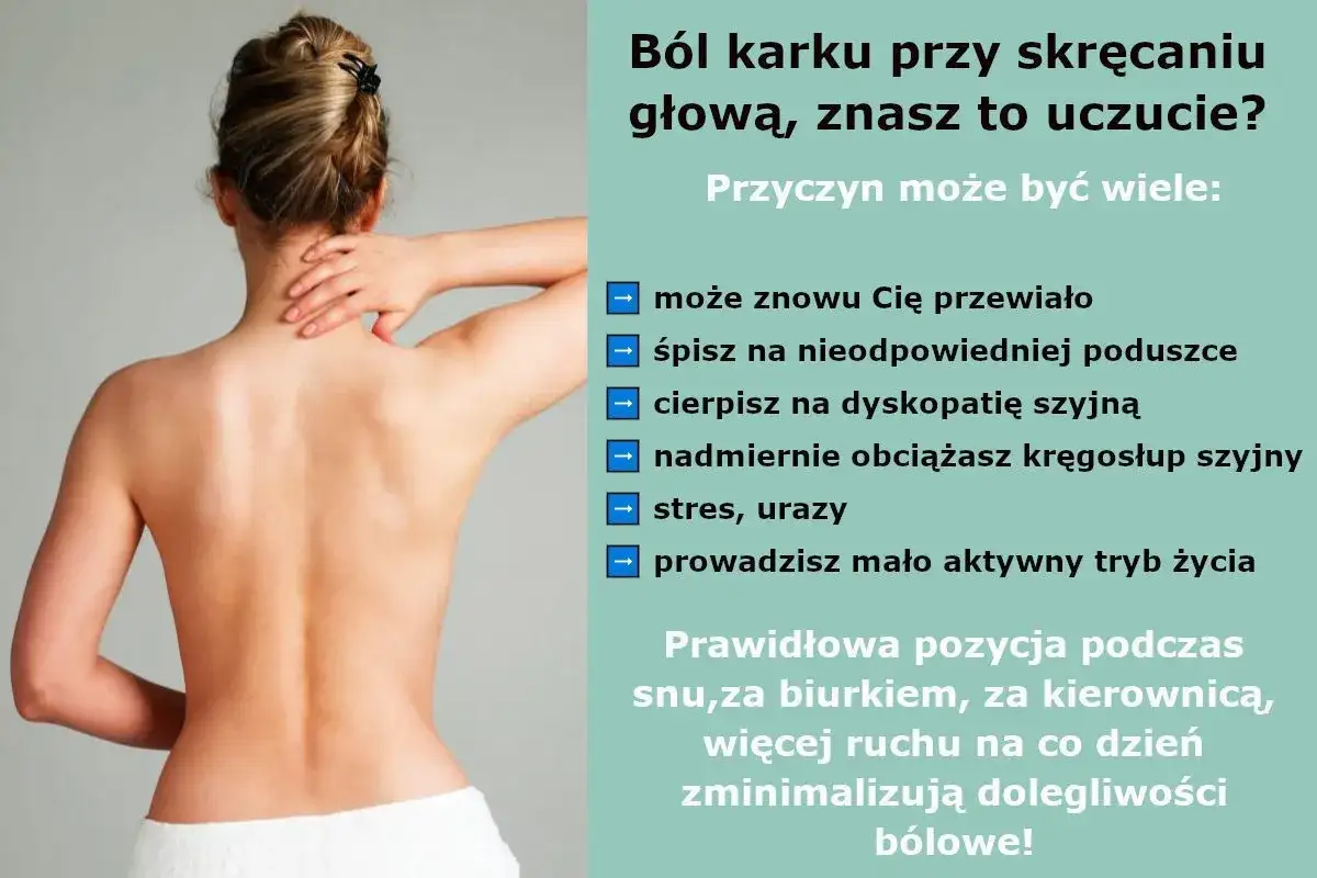 Kobieta masuje kark, odczuwając ból. Przyczyną może być przewianie, zła poduszka, dyskopatia, stres lub siedzący tryb życia.