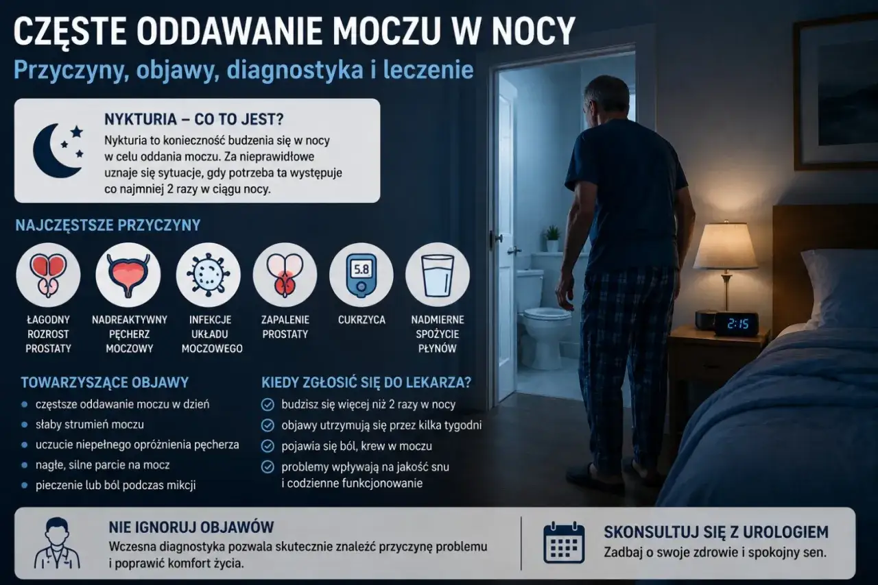 Mężczyzna w nocy idzie do łazienki. Grafika wyjaśnia, czym jest nykturia, jej przyczyny i objawy.