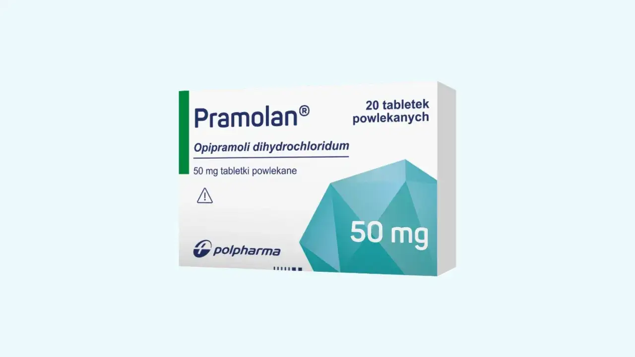 Opakowanie leku Pramolan, zawierające 20 tabletek powlekanych po 50 mg. Sympramol to nazwa handlowa leku.