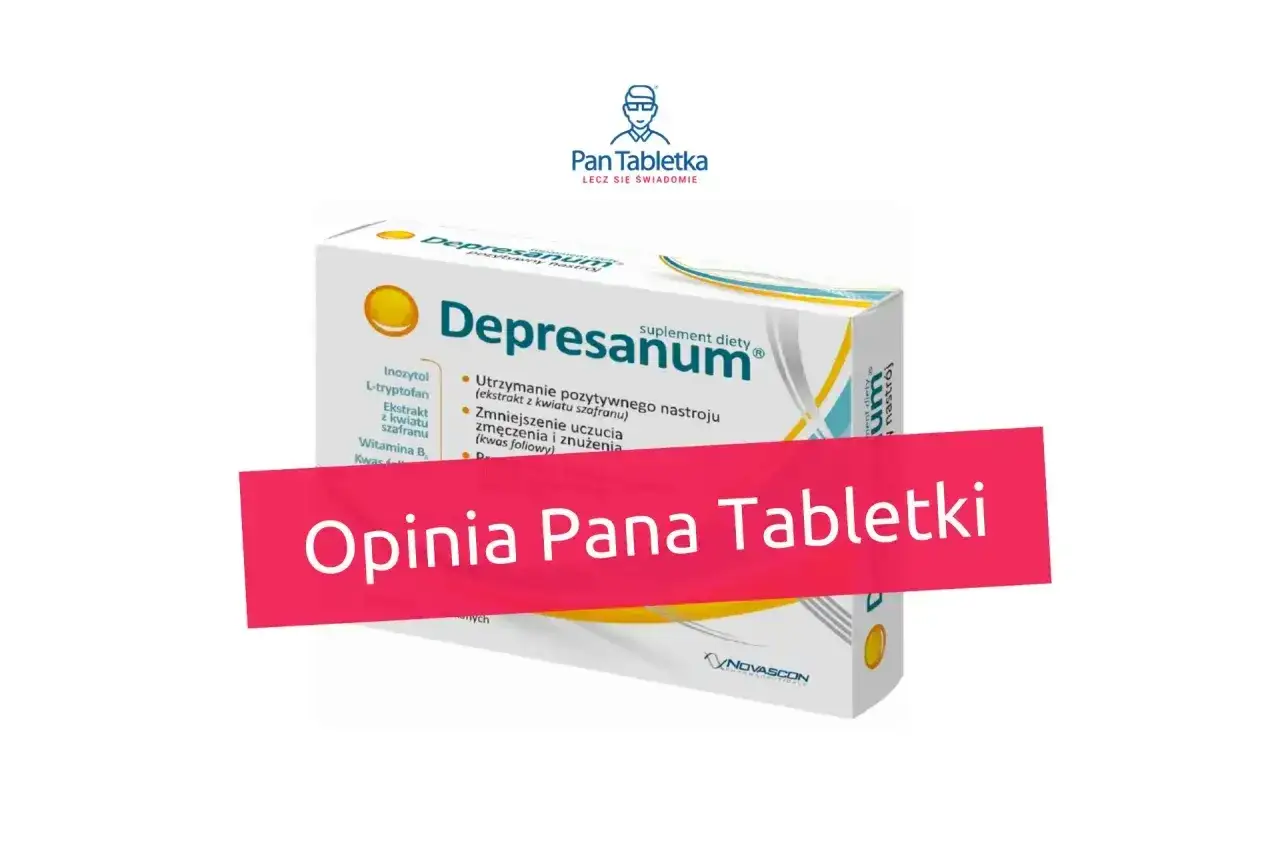 Opakowanie suplementu diety Depresanum, zawierające m.in. inozytol i ekstrakt z szafranu. Na zdjęciu widnieje też napis 