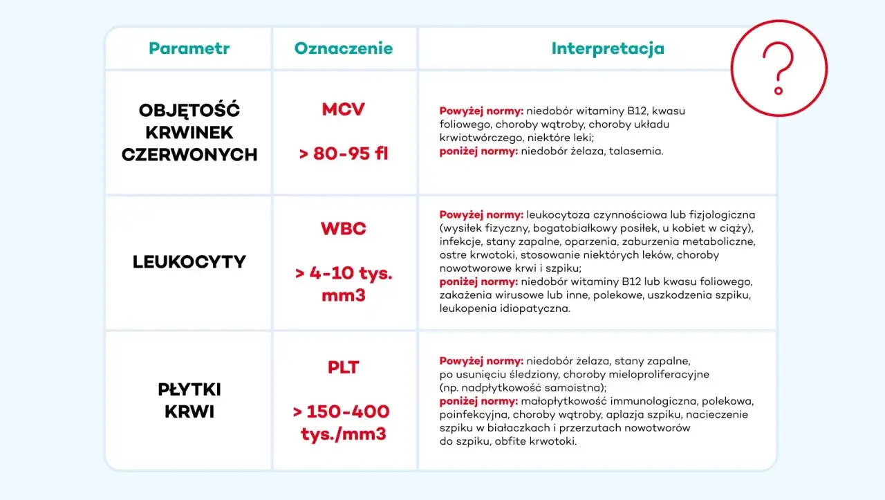 Objętość krwinek czerwonych (MCV) powyżej normy może wskazywać na niedobór witaminy B12.