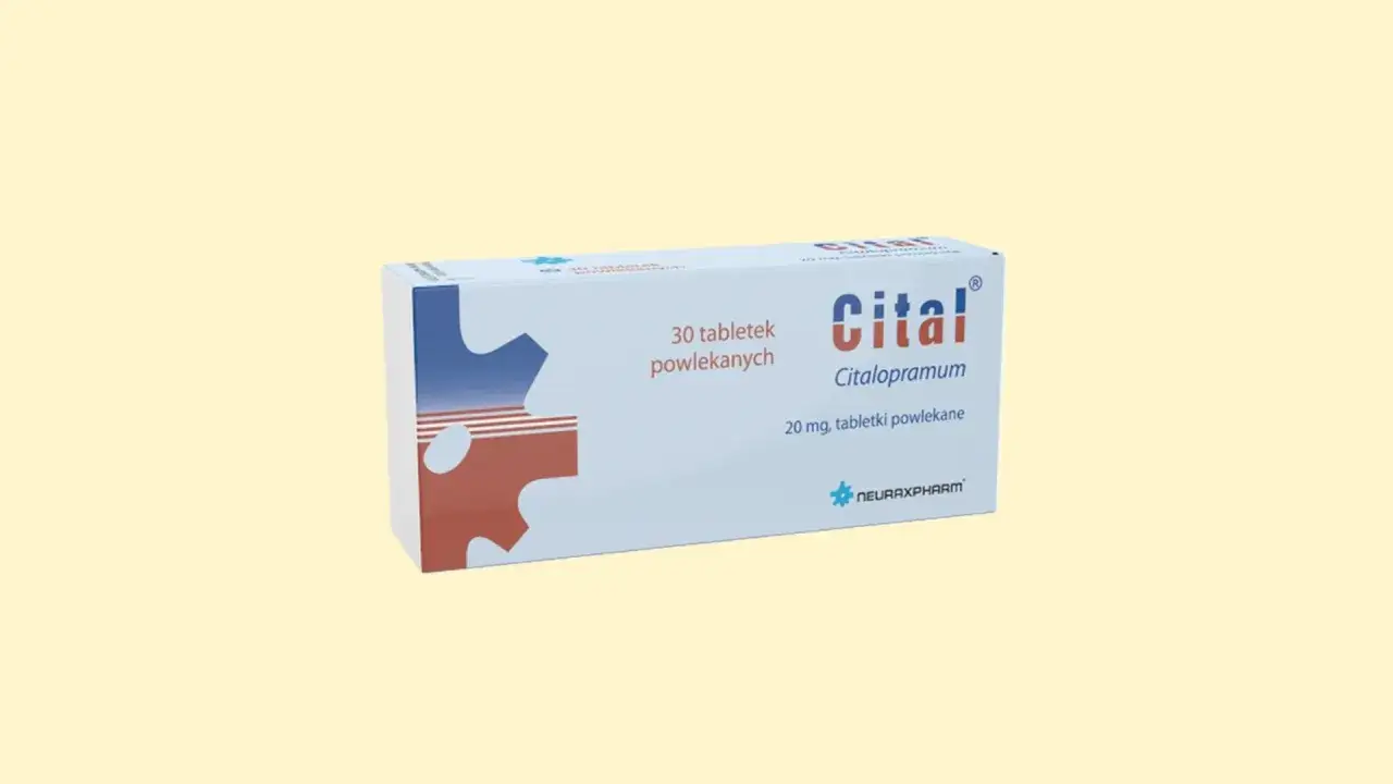 Opakowanie leku Citalopramum, 30 tabletek powlekanych, 20 mg. Cital to nazwa handlowa.