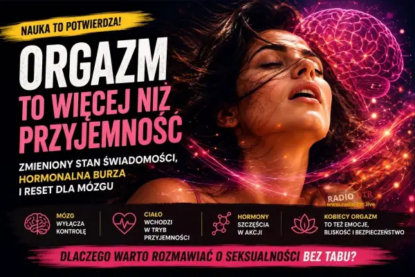 Kobieta z zamkniętymi oczami i stylizowany mózg, otoczeni neonowymi światłami.