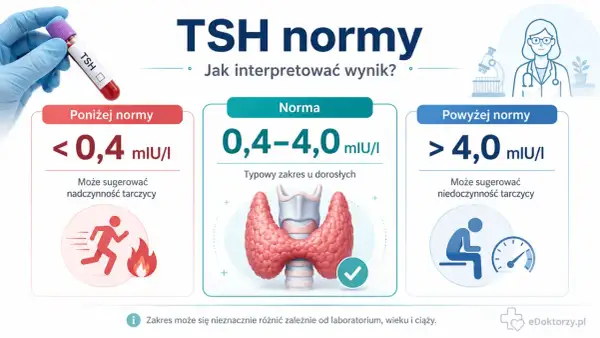 Grafika przedstawia normy TSH: poniżej, w normie i powyżej. Pokazuje probówkę z TSH, tarczycę i ikony symbolizujące nadczynność i niedoczynność.