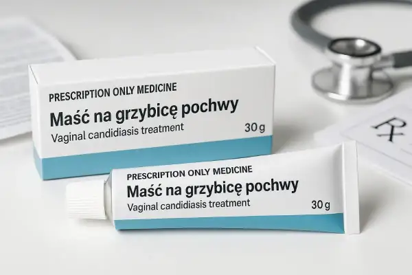 Maść na grzybicę pochwy w tubce i pudełku, obok stetoskopu i recepty.