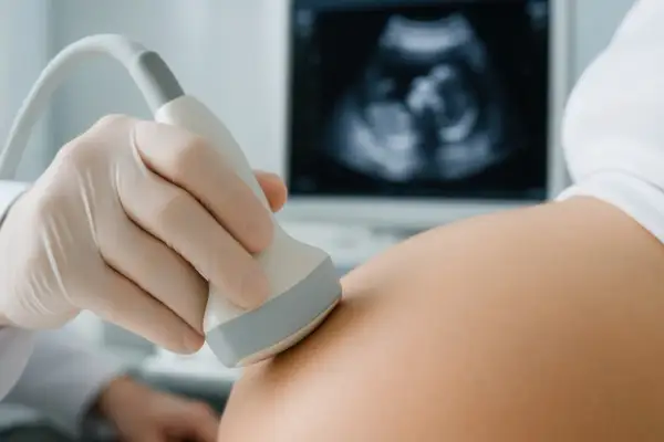 Ginekolog wykonuje USG brzucha ciężarnej. Na ekranie widać obraz płodu, który ma już 6 tydzień ciąży.