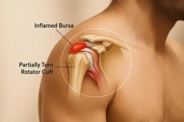 Anatomia barku z zaznaczonym zapaleniem kaletki i częściowym naderwaniem stożka rotatorów, wskazujące na przyczynę bólu barku.