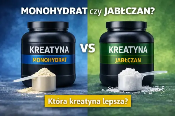 Dwa słoiki kreatyny: monohydrat (niebieski) i jabłczan (zielony), z miarkami proszku.